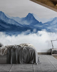 Blue watercolor mountain landscape with clouds on Blue Mountains removable wallpaper in modern bedroom