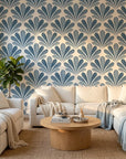 Blue Petal Rain elegant blue floral fan wallpaper creating ambiance in a serene bathroom