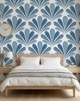 Blue Petal Rain elegant blue floral fan wallpaper in a warm and inviting living room