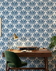 Blue Petal Rain elegant blue floral fan wallpaper adding character to a cozy bedroom