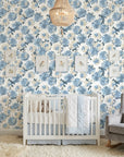 Blue Reverie serene floral peel and stick wallpaper creating ambiance in a serene bathroom
