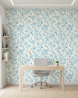 Blue Salon elegant blue peony floral wallpaper as a feature wall in a bright home office