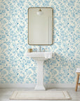 Blue Salon elegant blue peony floral wallpaper creating ambiance in a serene bathroom