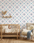 Blue Talavera pink and blue floral peel and stick wallpaper in a warm and inviting living room