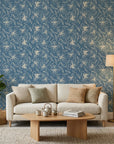 Blueprint Bloom denim blue floral line in a warm and inviting living room