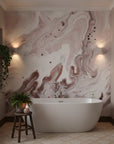 Blurred Essence romantic pink copper marble as a feature wall in a bright home office