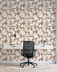 Blush Cheetah pink cheetah animal print wallpaper as a feature wall in a bright home office