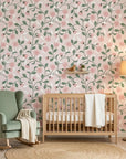Blush Daisy pink floral peel and stick wallpaper in a warm and inviting living room