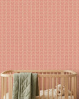 Blush Horizon soft pink retro arc wallpaper as a feature wall in a bright home office