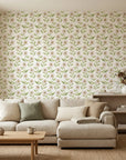 Blush Meadow soft white floral wallpaper as a feature wall in a bright home office