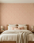 Blush Meander pink and cream retro stripe wallpaper creating ambiance in a serene bathroom