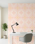 Blush Medallion blush pink aztec as a feature wall in a bright home office