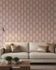 Blush Prism dusty rose art deco wallpaper in a warm and inviting living room