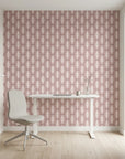 Blush Prism dusty rose art deco wallpaper as a feature wall in a bright home office