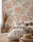 Peel and stick wallpaper in a vintage floral design, featuring blush pink roses and soft sage green details – Blush Serenade