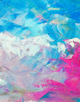 Blush Surge pink and blue impasto abstract wallpaper creating ambiance in a serene bathroom