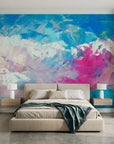 Blush Surge pink and blue impasto abstract wallpaper in a warm and inviting living room