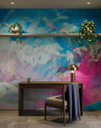 Blush Surge pink and blue impasto abstract wallpaper adding character to a cozy bedroom