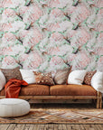Watercolor wall covering featuring abstract pink and green paint splatters - Blush Thicket