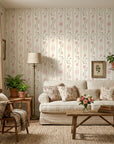 Blush Trellis soft pink roses on warm white in a warm and inviting living room