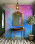Blush & Blue pastel abstract brushstroke wallpaper as a feature wall in a bright home office