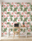 Blush & Pine blush pink protea as a feature wall in a bright home office