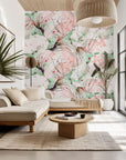 A wall covering featuring abstract watercolor pigments, including washes of pink and green, labeled Blush Thicket