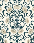 Art Nouveau Blushed Fern Fantasy wallpaper with teal scrollwork and cream poppy blooms on ivory background
