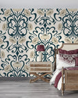Teal and gold Art Nouveau Blushed Fern Fantasy wallpaper with flowing botanical damask pattern in styled bedroom