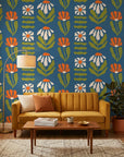 Bohemian Daisy retro floral wallpaper in a warm and inviting living room