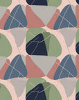 An abstract, mid-century modern wallpaper pattern featuring organic, layered forms. It uses a muted color scheme of sage green, navy blue, soft gray, and pink, accented by fine crosshatching lines.