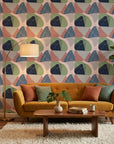 Boho Shape Overlap abstract earthy wallpaper in a warm and inviting living room