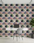 Boho Shape Overlap abstract earthy wallpaper as a feature wall in a bright home office