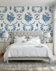 Botanica Grace classic blue rose toile wallpaper adding character to a cozy bedroom