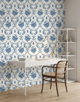 Botanica Grace classic blue rose toile wallpaper as a feature wall in a bright home office