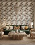 Botanist's Study sage botanical branch wallpaper in a warm and inviting living room