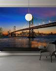 San Francisco Bay Bridge at sunset wall mural on modern living room accent wall