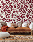 Self-adhesive wallpaper featuring a burgundy flower outline design set against a cream-colored base (Burgundy Bloom)