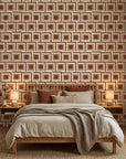 Burgundy Stack retro geometric wallpaper in a warm and inviting living room