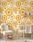 Burning Petal orange and gold floral wallpaper bringing warmth to a peaceful nursery