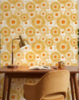 Burning Petal orange and gold floral wallpaper as a feature wall in a bright home office