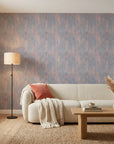 Burnished Edge red blue white textured stripe wallpaper in a warm and inviting living room