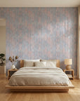 Burnished Edge red blue white textured stripe wallpaper adding character to a cozy bedroom