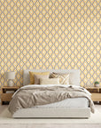 Butter Ogee golden geometric peel and stick wallpaper in a warm and inviting living room