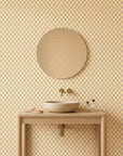 Butter Ogee golden geometric peel and stick wallpaper as a feature wall in a bright home office