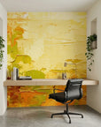 Butter & Gold warm yellow abstract impasto wallpaper adding character to a cozy bedroom