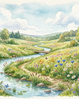 Watercolor Buttercup Brook wallpaper featuring wildflower meadow with stream and rolling hills in soft pastels