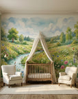 Buttercup Brook watercolor landscape mural wallpaper featuring meadow stream and wildflowers in nursery setting