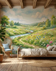 Buttercup Brook watercolor meadow wallpaper with wildflowers and stream in rustic bedroom setting