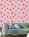 Stylized cherry and daisy pattern in red and white set against a structured geometric backdrop - Candy Bloom